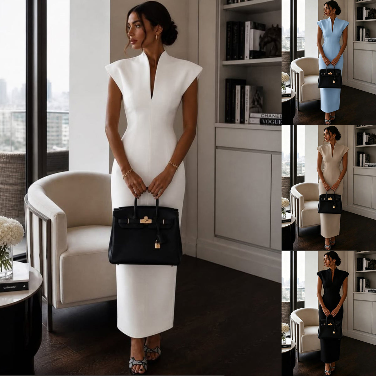 Stand-collar V-neck Sleeveless Waist-cinching Sheath Dress