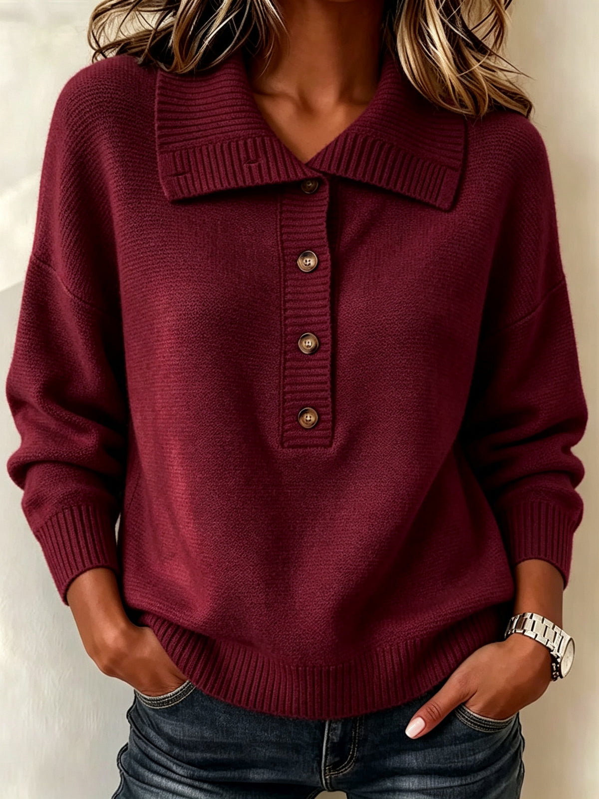 American-style Vintage-buttoned Half-zip Turtleneck Loose-fit Casual Womens Sweater