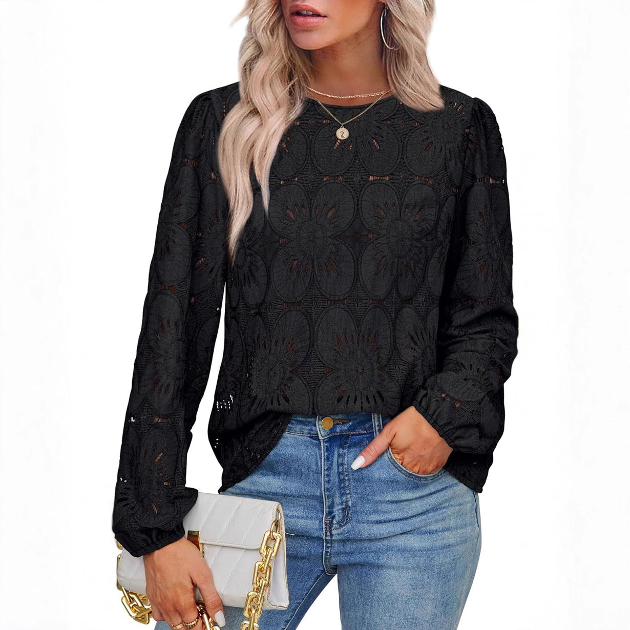 Long Sleeve Crew Neck Solid Top – Black or White, Soft Polyester