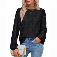 Long Sleeve Crew Neck Solid Top – Black or White, Soft Polyester