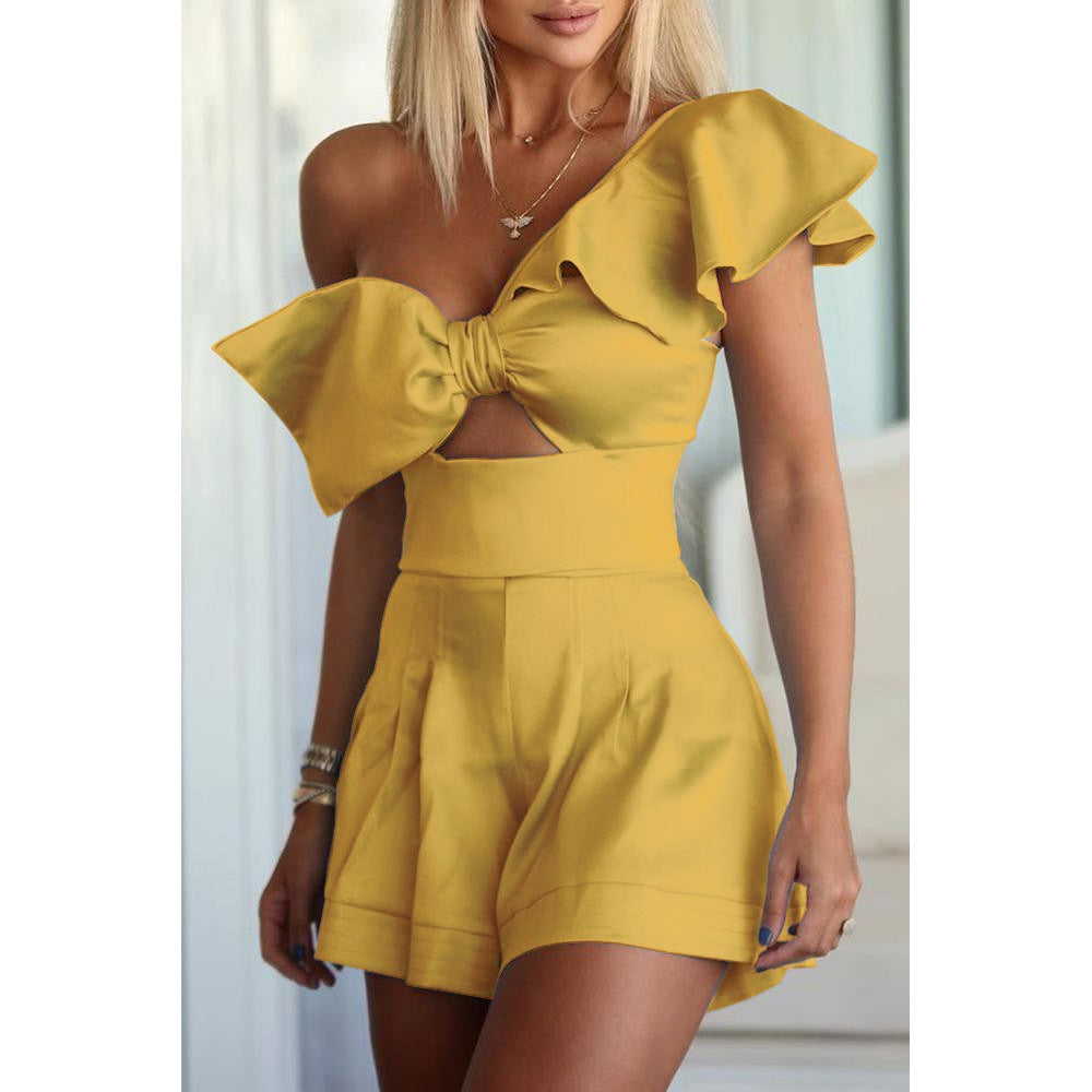 One-Shoulder Bow Ruffled Romper Shorts