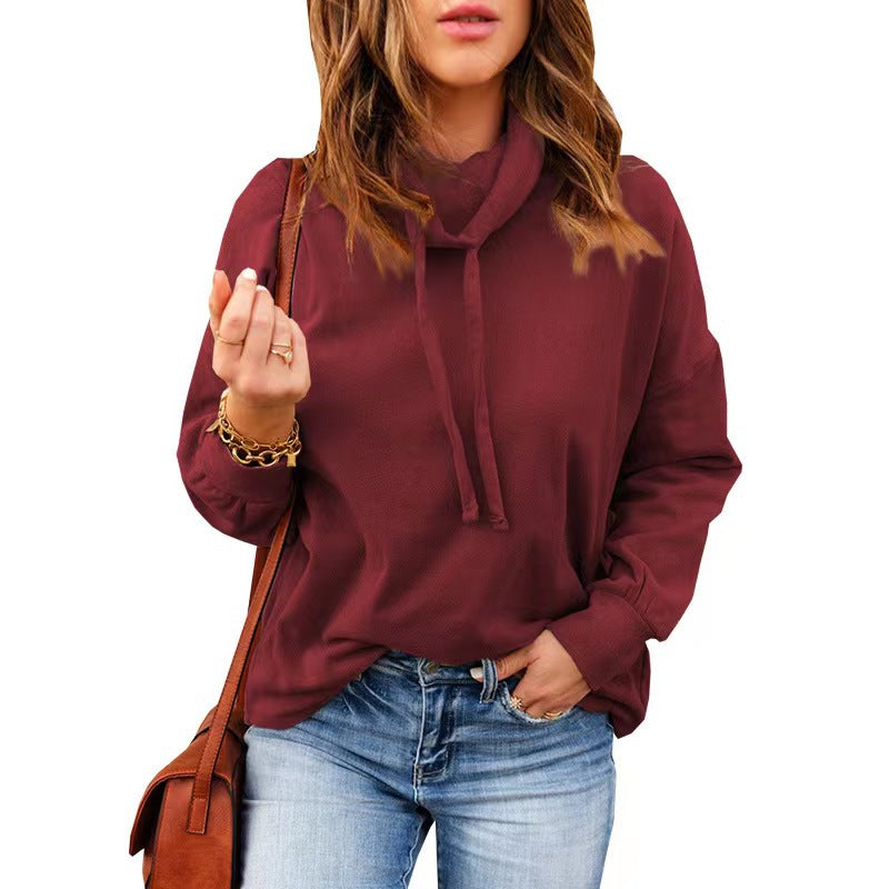 Women's High Neck Drawstring Hoodie with Long Sleeves