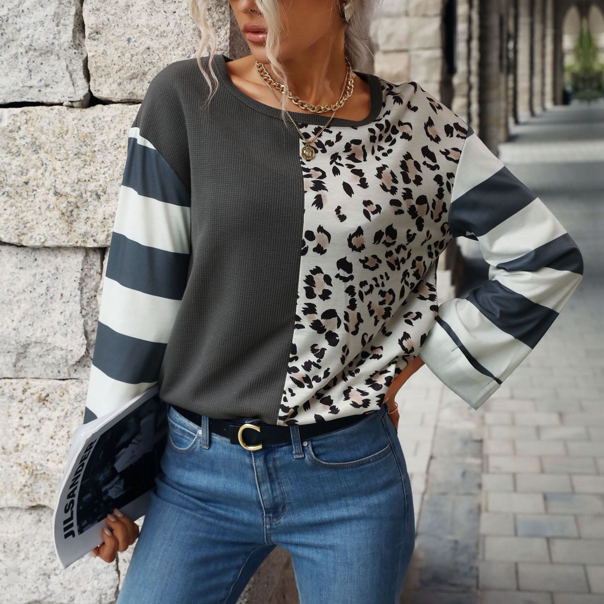 Waffle Knit Striped Pullover Sweater for Women