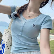 Bow‑Embroidered V‑Neck Short‑Sleeve Women's Top – Slim Fit, All‑Match
