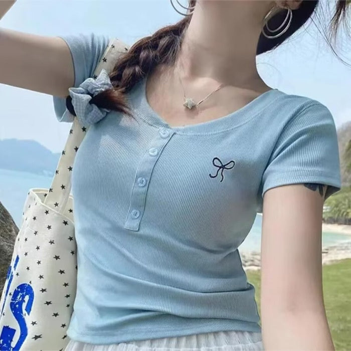 Bow‑Embroidered V‑Neck Short‑Sleeve Women's Top – Slim Fit, All‑Match