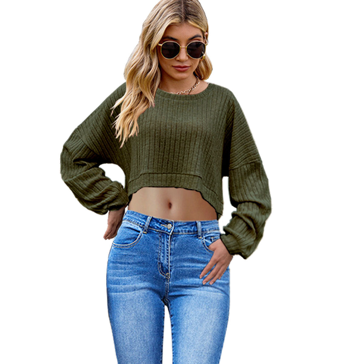 Chic Stripe Knitted Crop Top with Long Batwing Sleeves