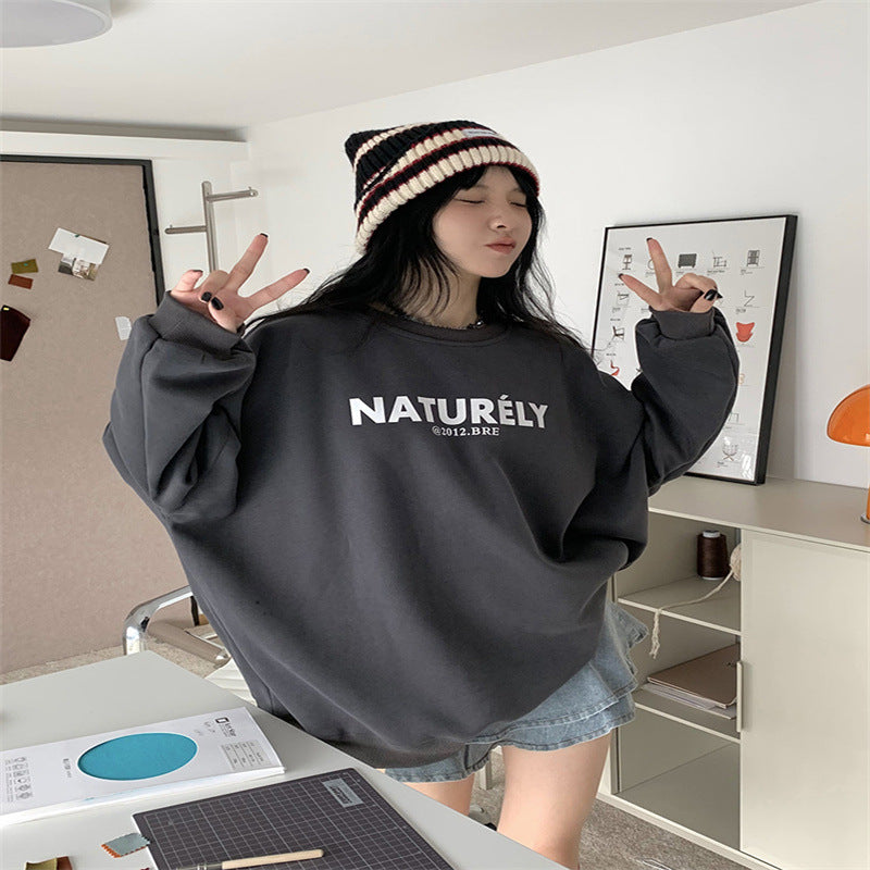 Cozy Fleece-Lined Letter Print Loose Long Sleeve Sweater