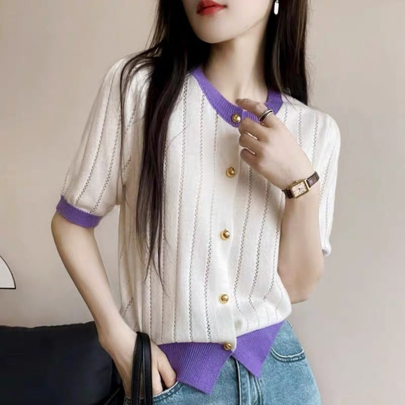 High-grade Classic Style Contrast Color Short-sleeved Knitted Sweater