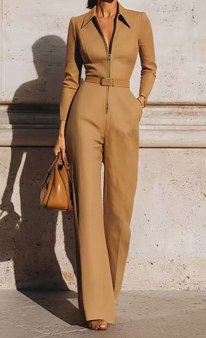 Women's V-Neck Belted Long-Sleeve Zip Jumpsuit