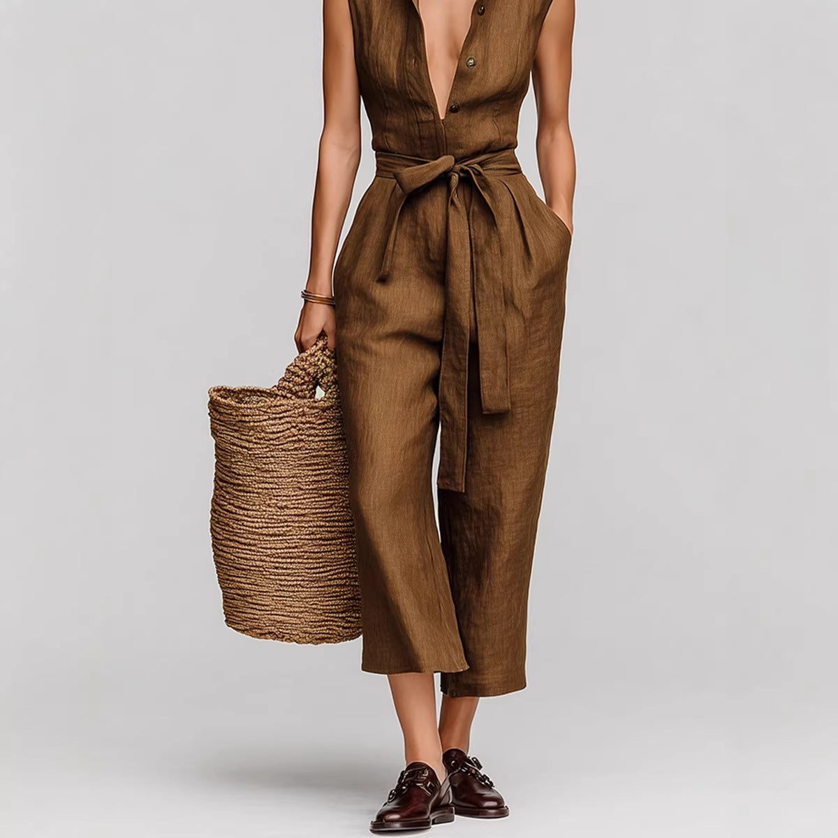 Retro Sleeveless Lapel Collar Lace-up Jumpsuit Womens Clothing