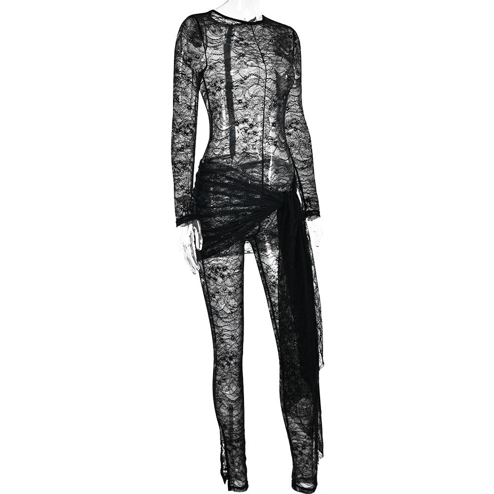 Chic Lace-Up Mesh Sheer Jumpsuit
