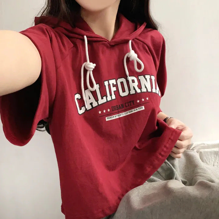 Casual Letter Print Short Sleeve Hooded Tee