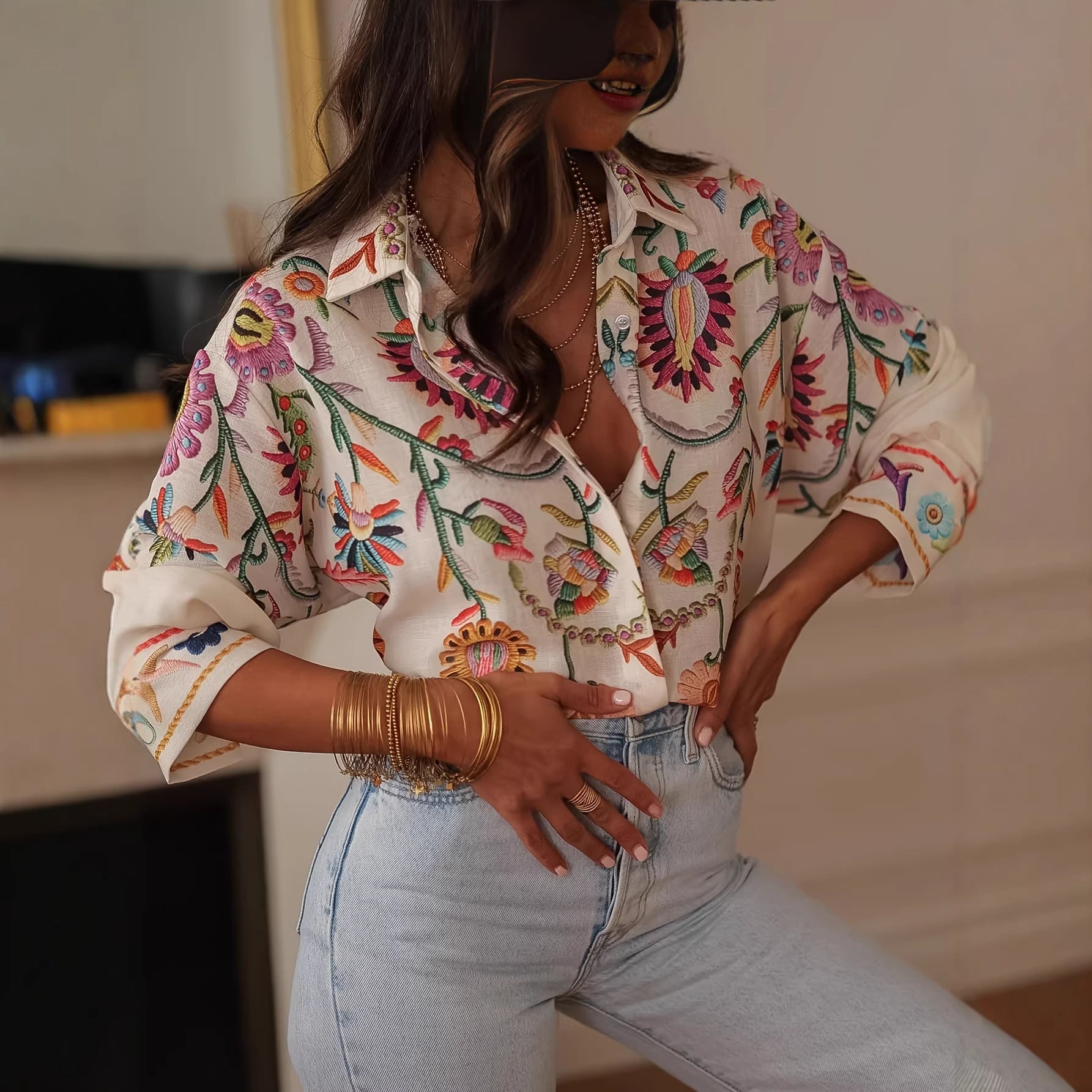 Elegant Apricot/Black Loose-Fit Long Sleeve Top – Spring/Summer