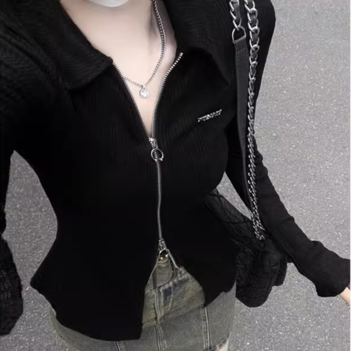 Black Long-sleeve Zipper Cardigan Slim Fit Sun Protection Top
