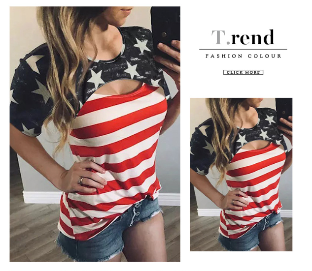 Contrast Striped Hollow Women's Casual Tee