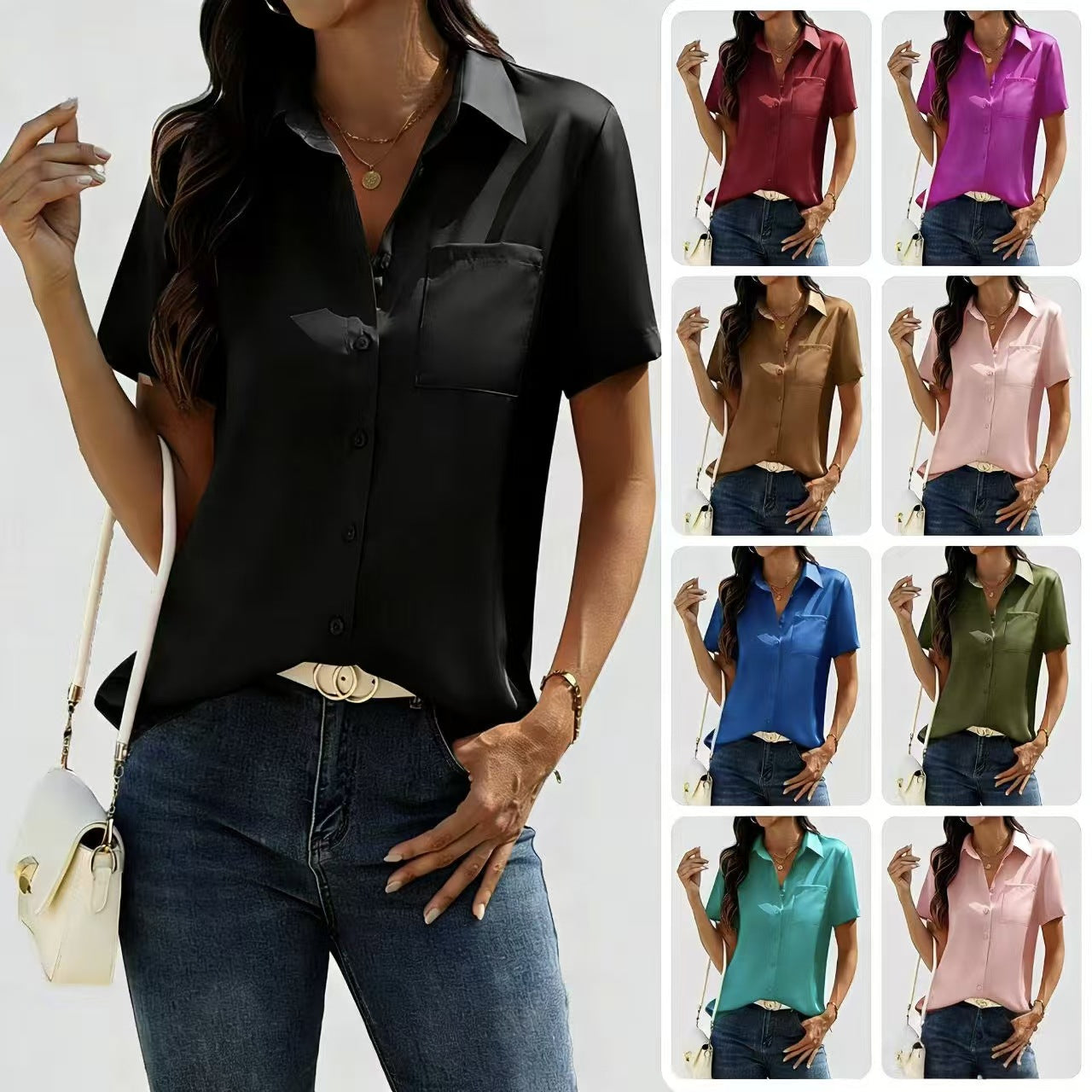 Solid-color Fashionable Short-sleeve Lapel Shirt Top Womens Clothing
