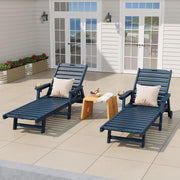 HDPE Outdoor Chaise Lounge Chair with Wheels & Cup Holder, 5-Level Reclining Patio Lounger with Armrests, Weather-Resistant Pool Chair for Deck, Backyard, Poolside, Easy to Assemble, Navy Blue