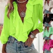 Ruffled-trim Shirt V-neck Long-sleeve Top Daily Commute Women's Clothing