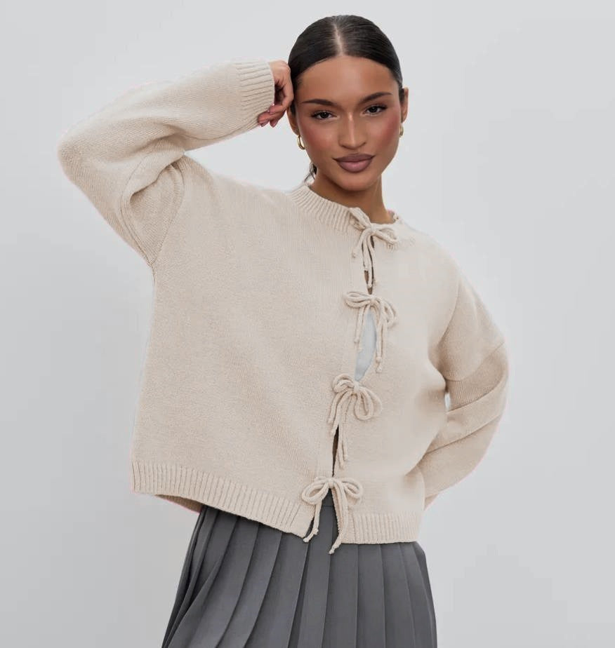 European and American European and American Leisure Loose Cardigan Lace-up Solid Color Knitted Sweater for Women