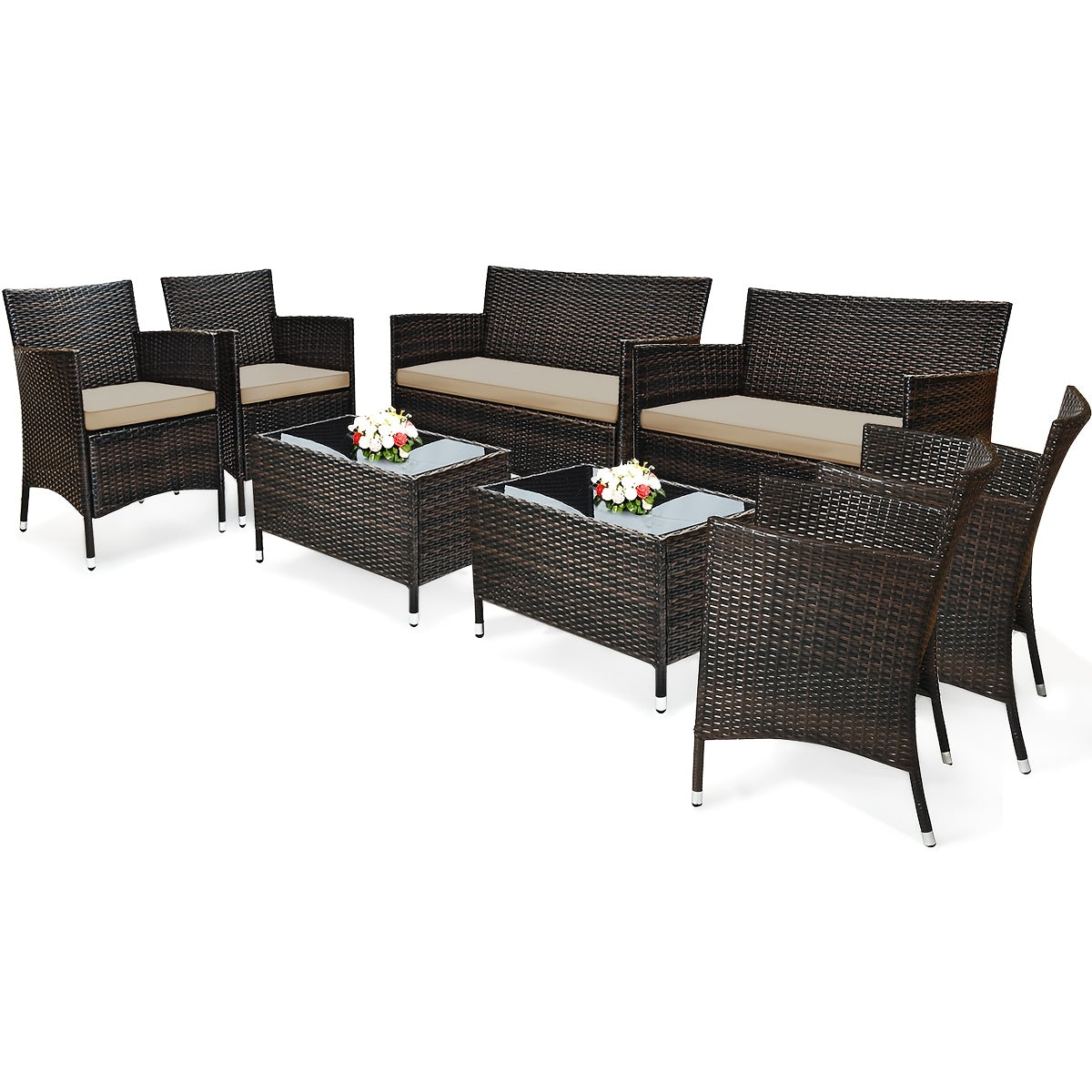 [Patio Furniture Set] 4pcs/8pcs Patio Furniture Set W/Washable Cushions And Tempered Glass Coffee Table