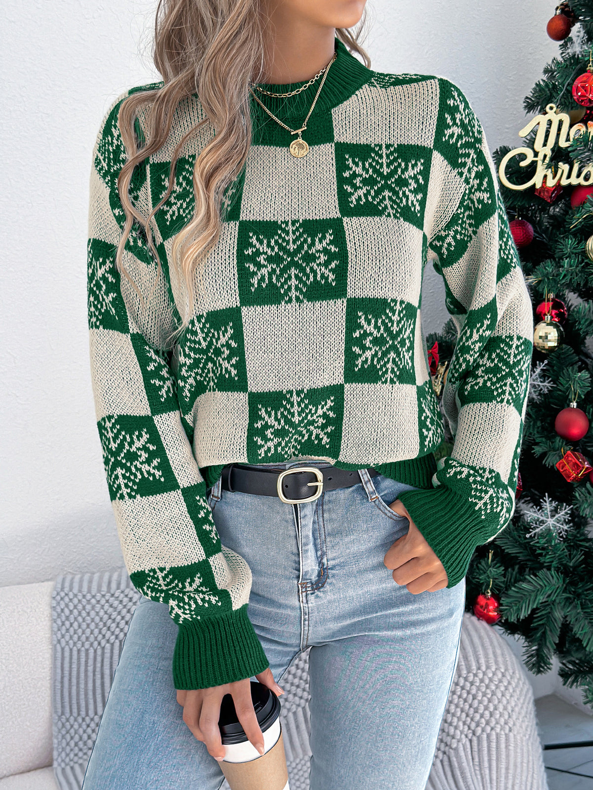 Snowflake Plaid Lantern Sleeve Pullover Sweater