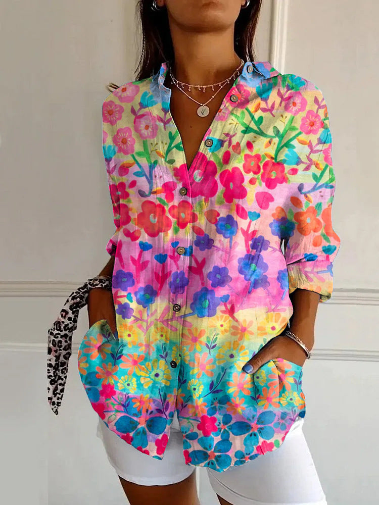 Women's Summer European And American Seven-sleeve Floral Pattern Printed 3D Shirt