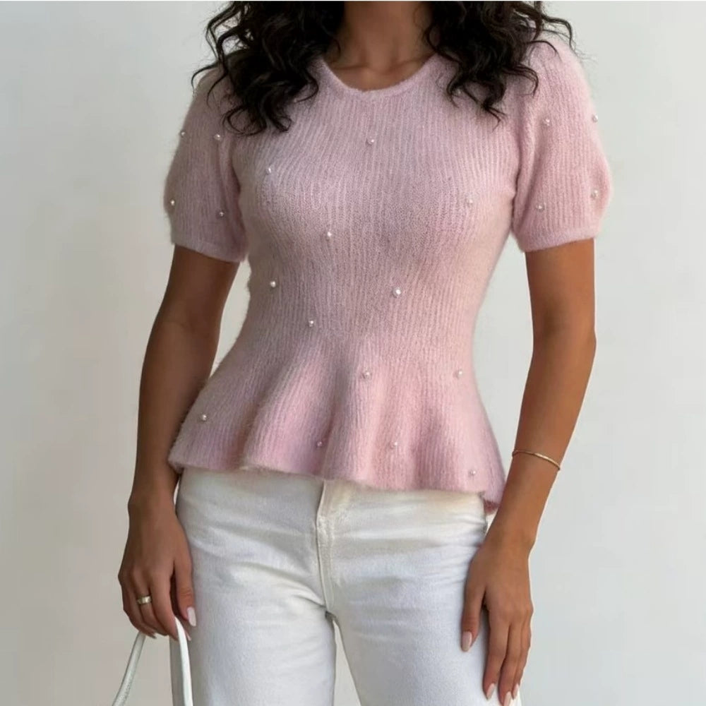 French Gentle Style Pearl Decoration Short Sleeved Knitted Sweater Soft and Skin Friendly Waist Cinched Ruffle Edge Plush Women's Top