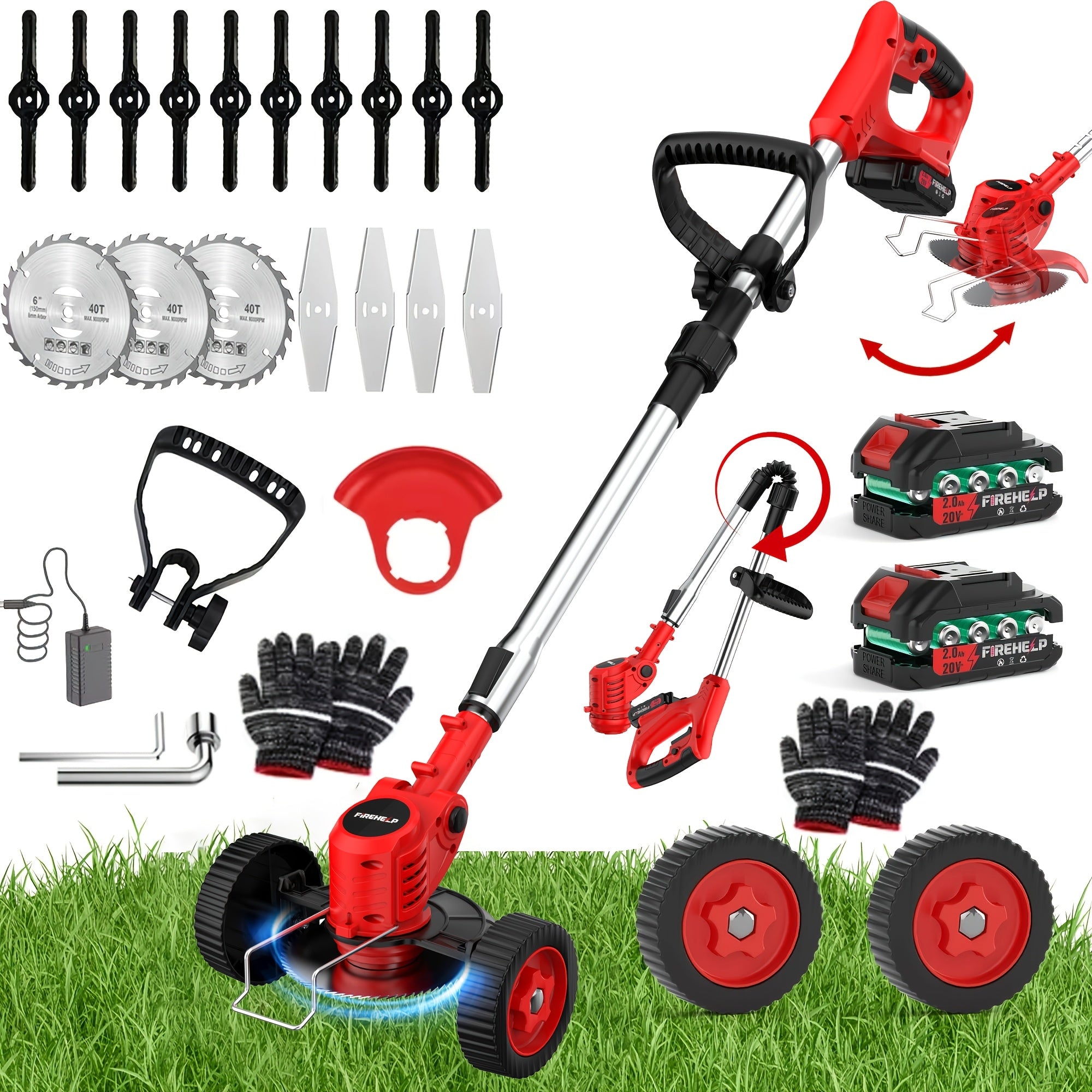 Portable Cordless 3-in-1 Electric Lawn Mower with Adjustable Height, Rotating Head, 3 Blades and Dual Lithium Batteries