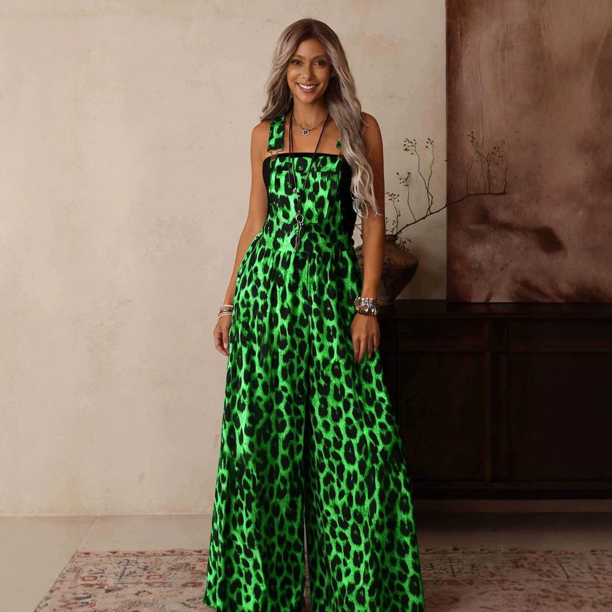Women's Leopard Wide-Leg Casual Jumpsuit