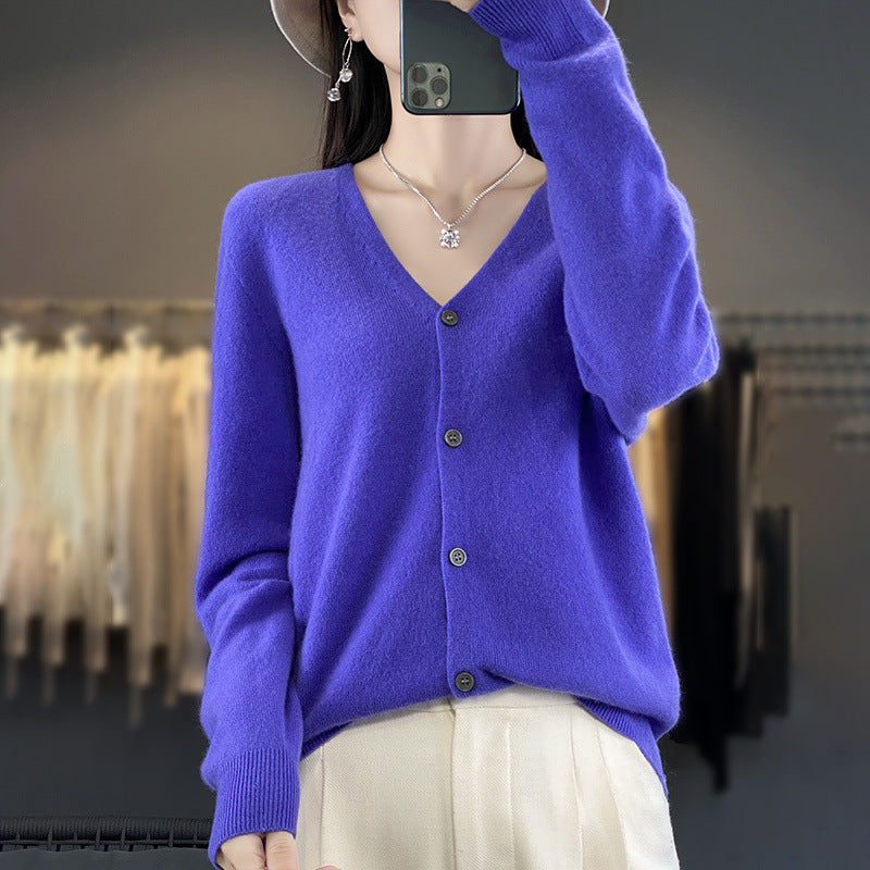Womens Wool Cardigan Long-sleeve V-neck Sweater Coat