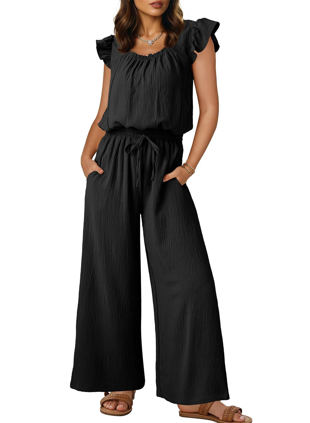 Solid-color Sleeveless Ruffle-sleeve One-piece Jumpsuit For Women