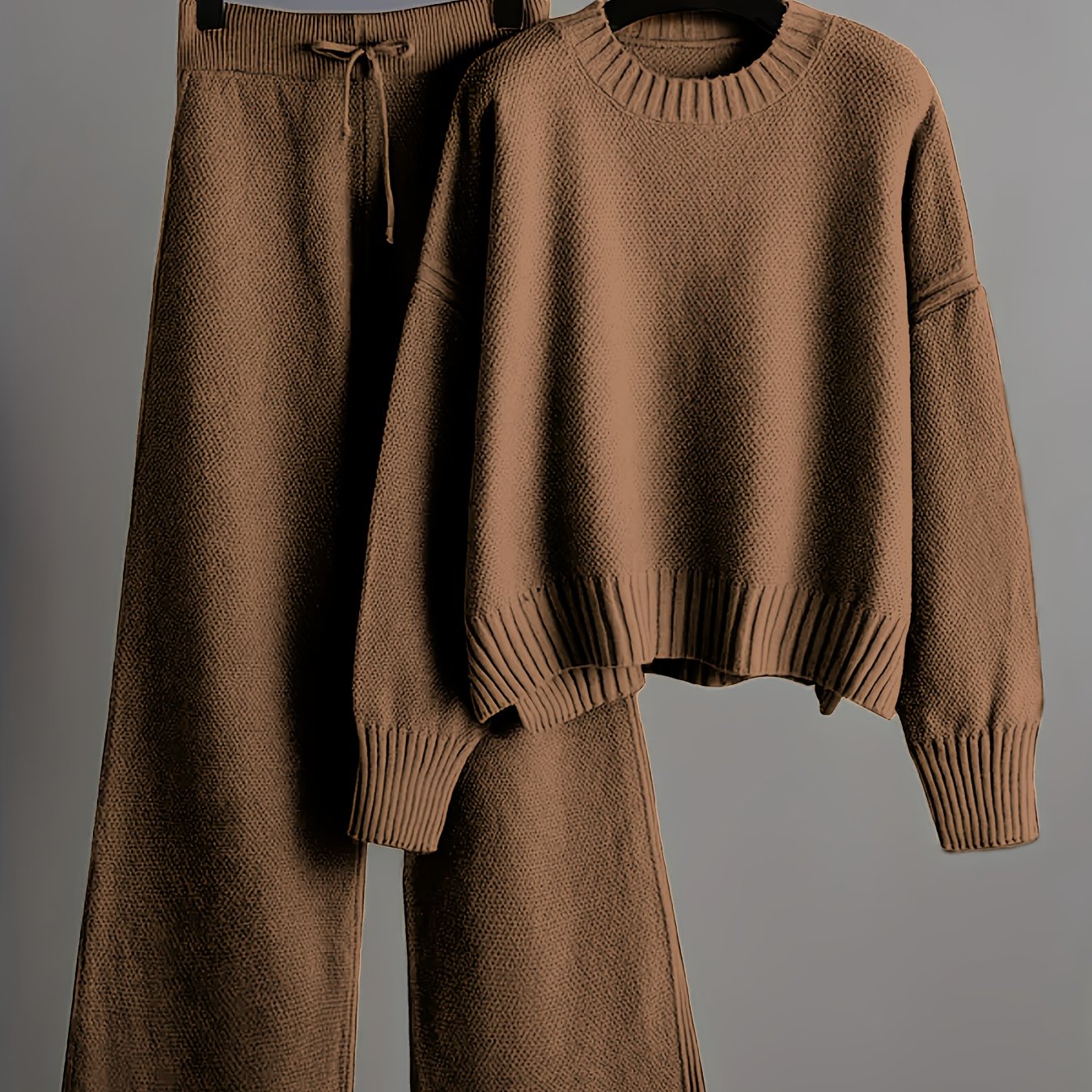 Ladies' Early Autumn New Sweater Fashion Two-piece Set: Unique Pattern Round Neck Drop Shoulder Long Sleeve Pullover + Straight Wide Leg Pants Combination, Loose And Casual Series