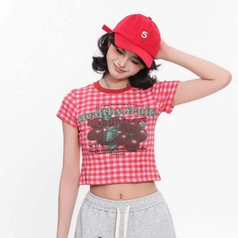 Red Plaid Off-Shoulder Top with Cherry Print – Cozy Short Sleeve