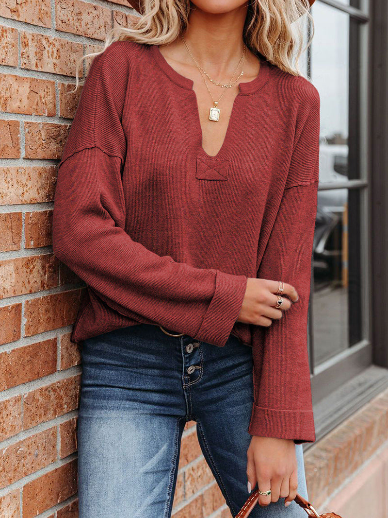 Solid V-neck Knitted European And American Curly Sweater Women