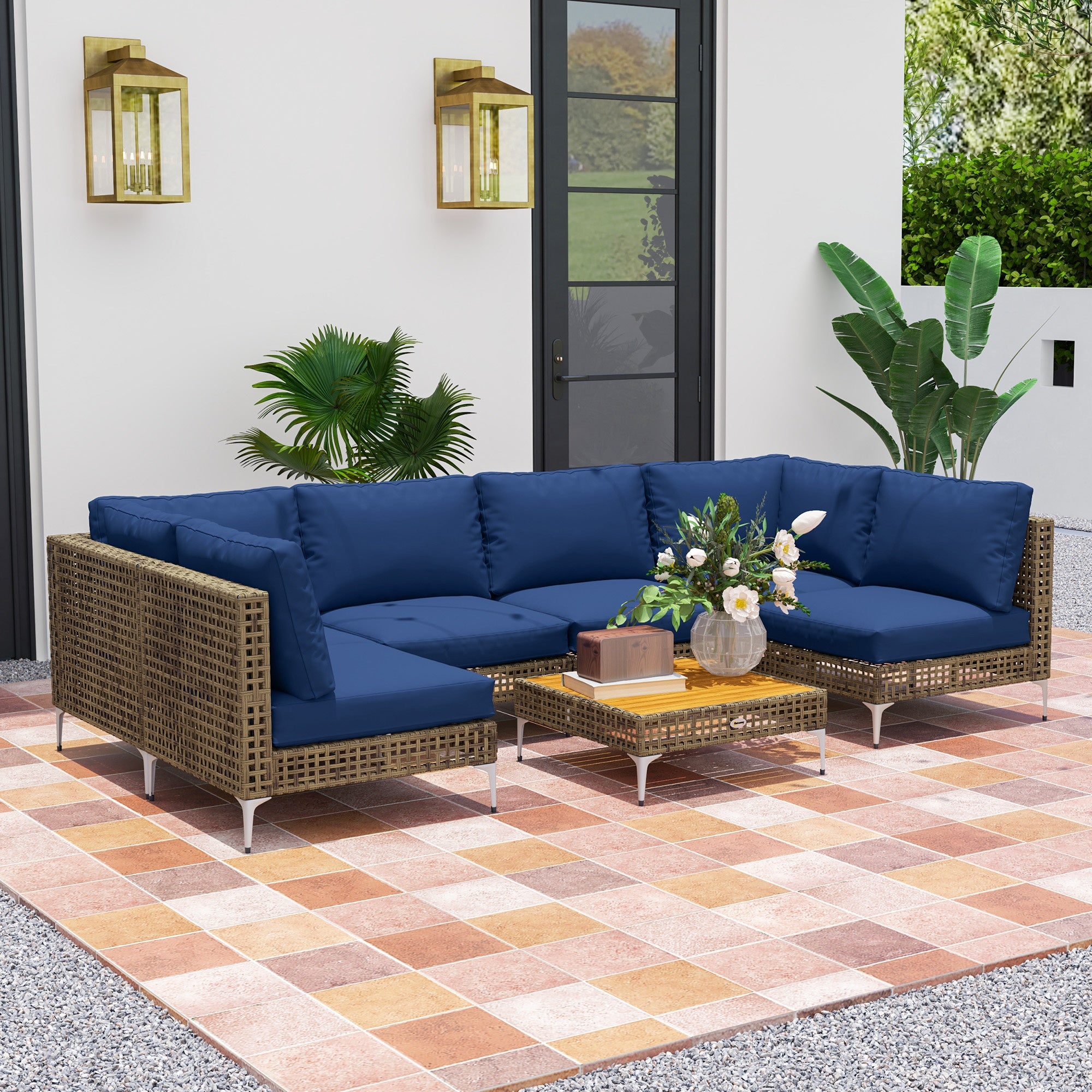 7pcs Wicker Patio Furniture Set Outdoor Sectional, Brown/Blue