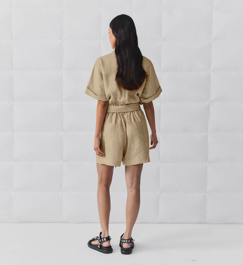 Women's Retro Lapel Wide-Leg Romper with Lace-Up Waist