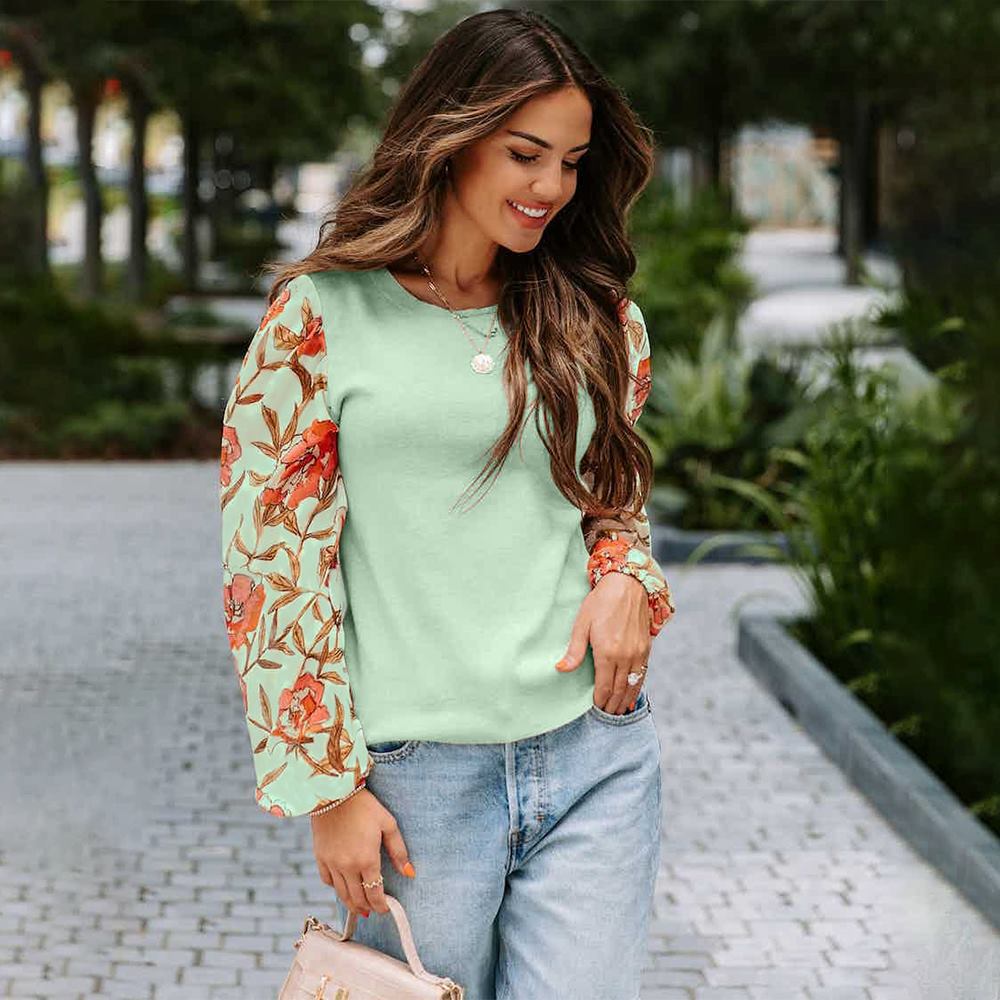 Chic Printed Lantern Sleeve Casual Pullover Sweater