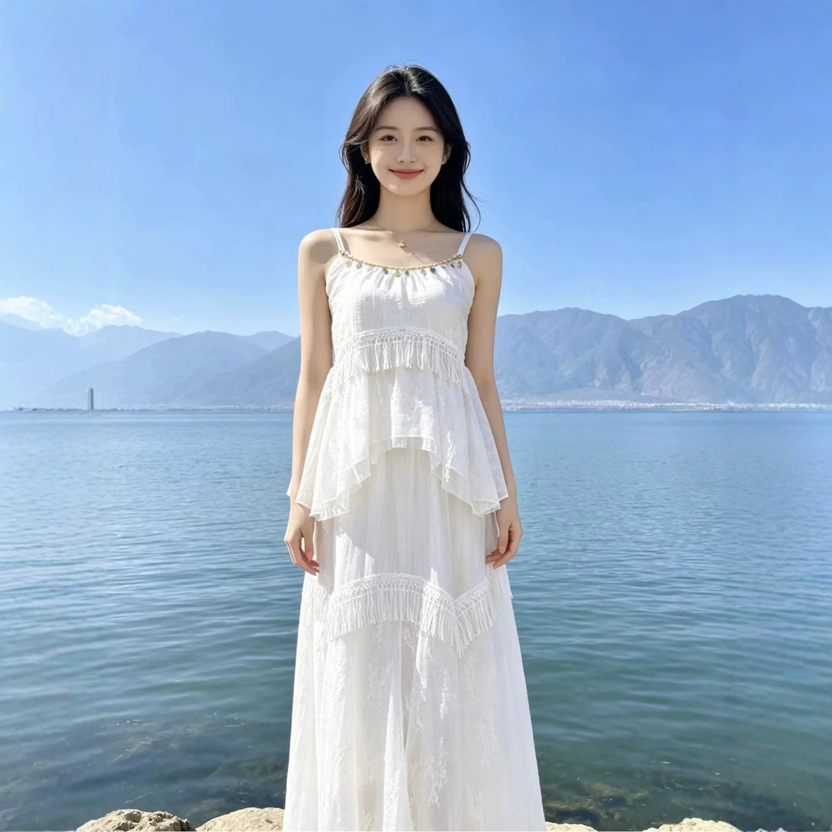 Women's Lace-panel Suspender Skirt Two-piece Set