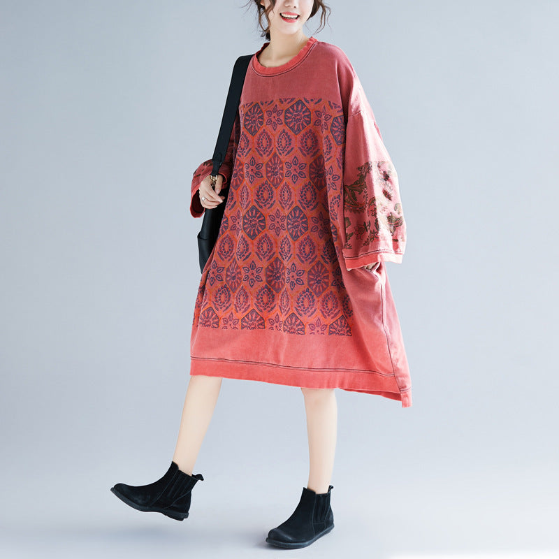 Plus Size Batwing Sleeve Printed Casual Dress