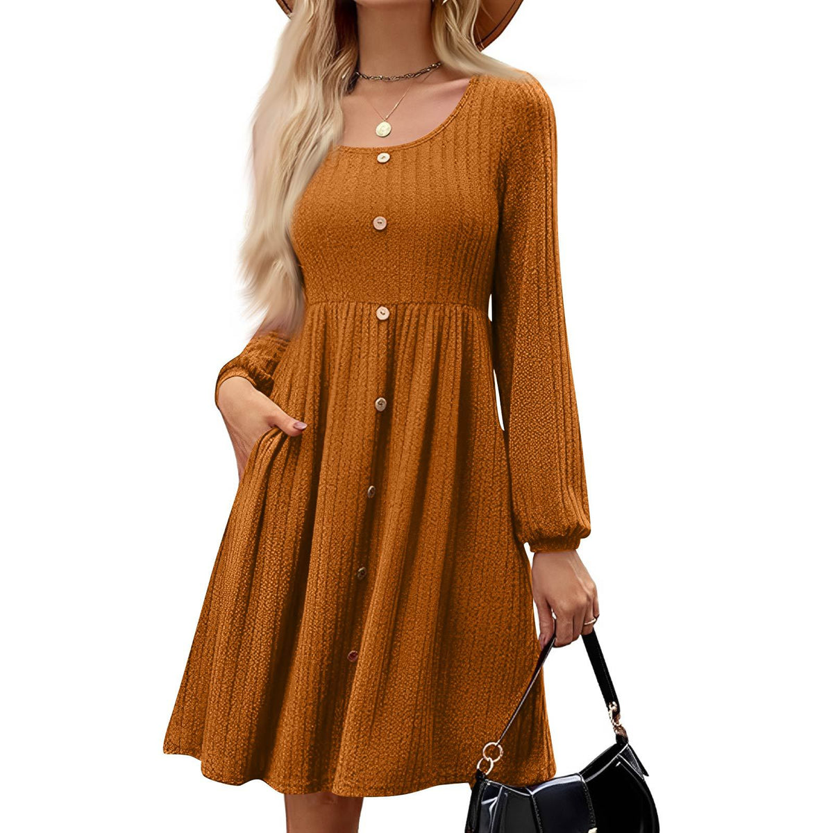 Fallwinter Round-neck Buttoned Pleated Dress