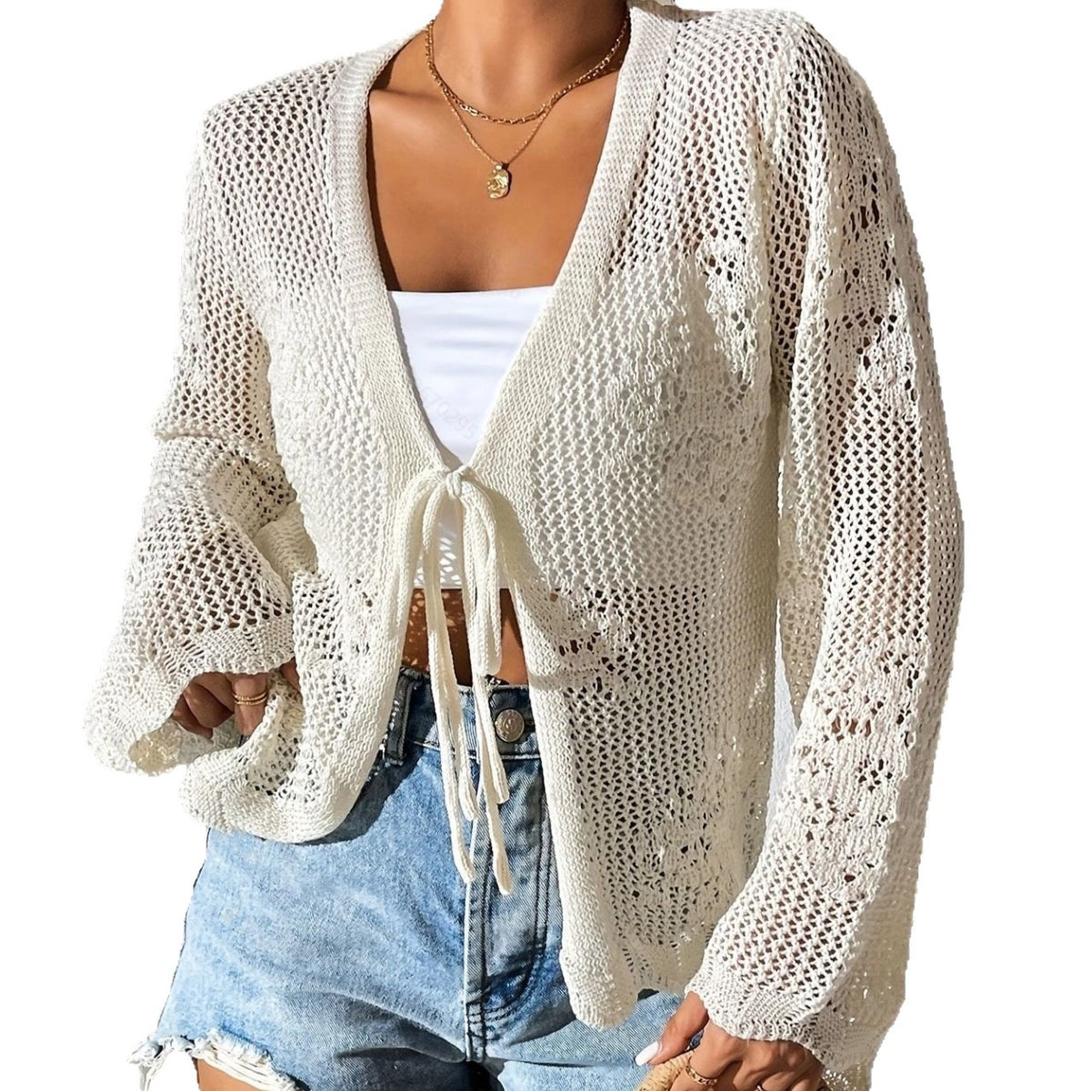 Hollowed-out Lace-up Knitted Cardigan Top Womens Sweater