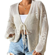Hollowed-out Lace-up Knitted Cardigan Top Womens Sweater