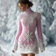 Lady's High Neck Long Sleeved 3d Digital-print Winter Autumn Dress