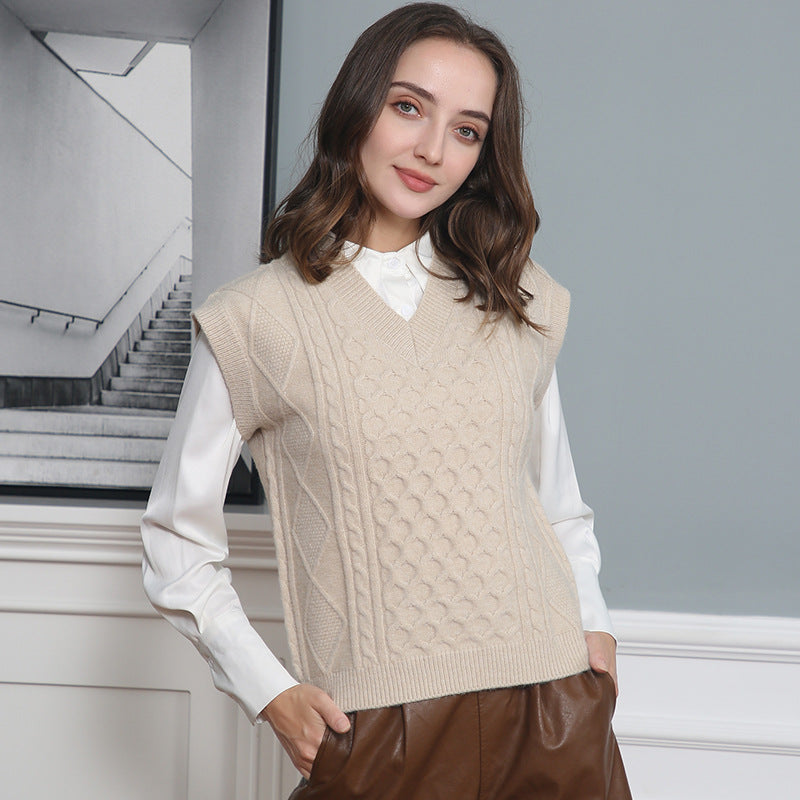 Women's V-neck Twisted Solid Color Top Sweater