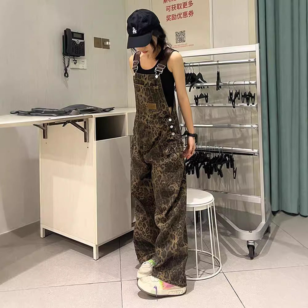 Retro Leopard-Print Denim Overalls For Women