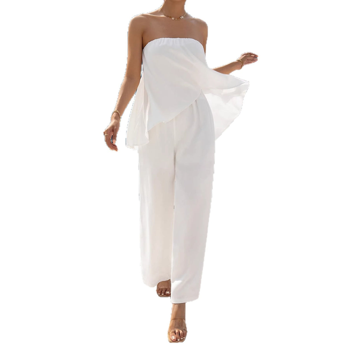 Chic Asymmetrical Tube Top Jumpsuit with Flared Skirt