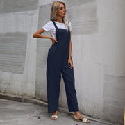 European And American Style Casual Simple Pocketed Sleeveless Suspender Jumpsuit