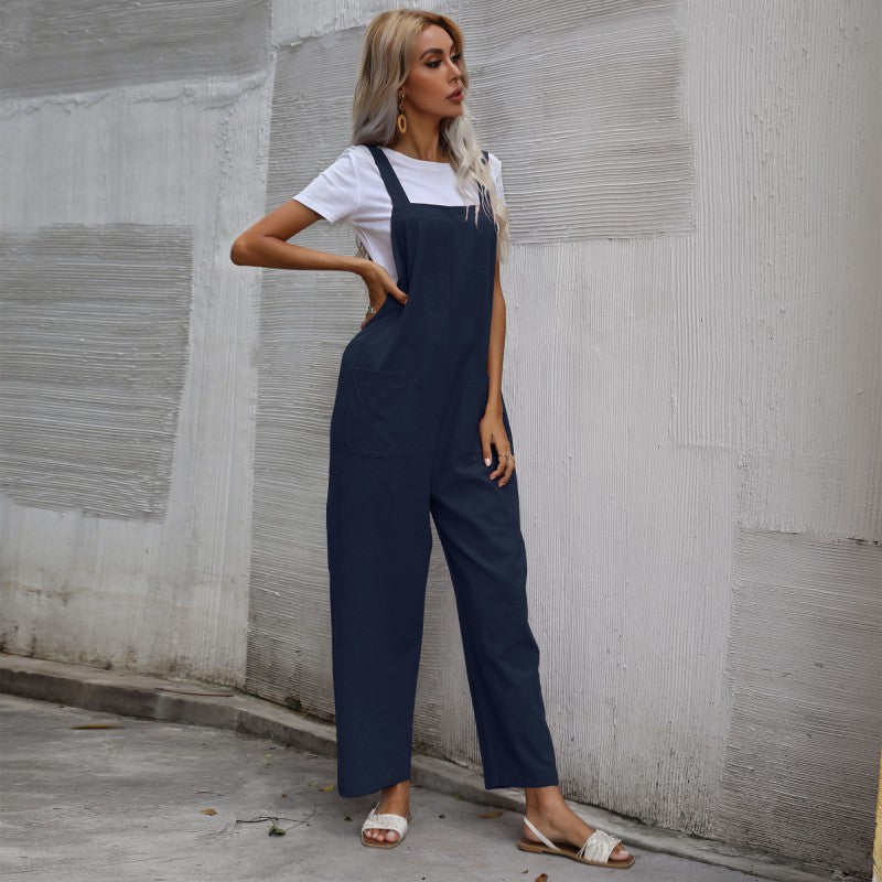 European And American Style Casual Simple Pocketed Sleeveless Suspender Jumpsuit