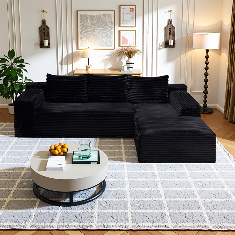 Modular L-shaped chaise longue sofa bed with deep seat and corduroy upholstery