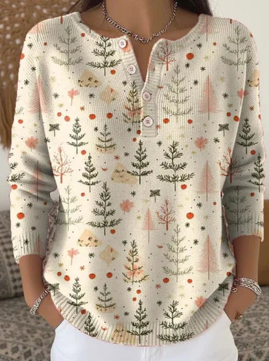 Women's Christmas Tree Art Print Buttoned Cardigan Sweater